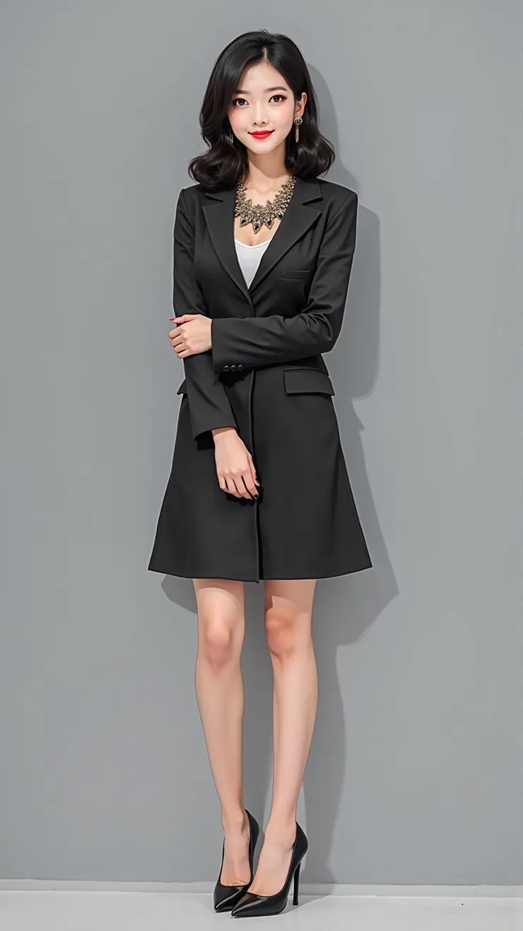 Blazer dress, statement necklace, pointed-toe pumps( 西裝洋裝，造型項鍊，尖頭高跟鞋 )