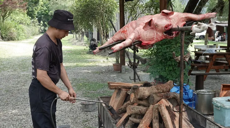 柴火慢烤的全豬料理:以荔枝木等果木長時間烘烤,豬皮烤得金黃酥脆