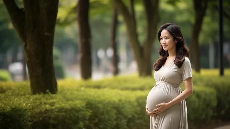 準媽媽悠閒的在公園散步