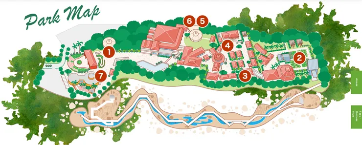 Okinawa World 地圖,鐘乳石洞入口在左邊,出口在最右邊 (資料來源:https://www.gyokusendo.co.jp.e.aqs.hp.transer.com/okinawaworld/)