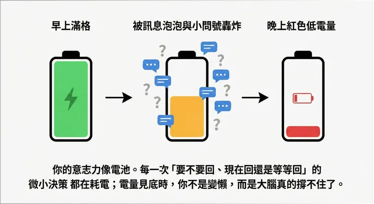 決策疲勞示意圖｜你的意志力像電池，每一次「要不要回」的微決策都在耗電，導致晚上下班後大腦當機。圖：悅安身心診所／提供