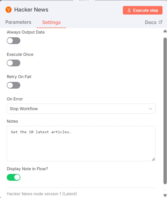 Hacker News 節點Settings設定畫面