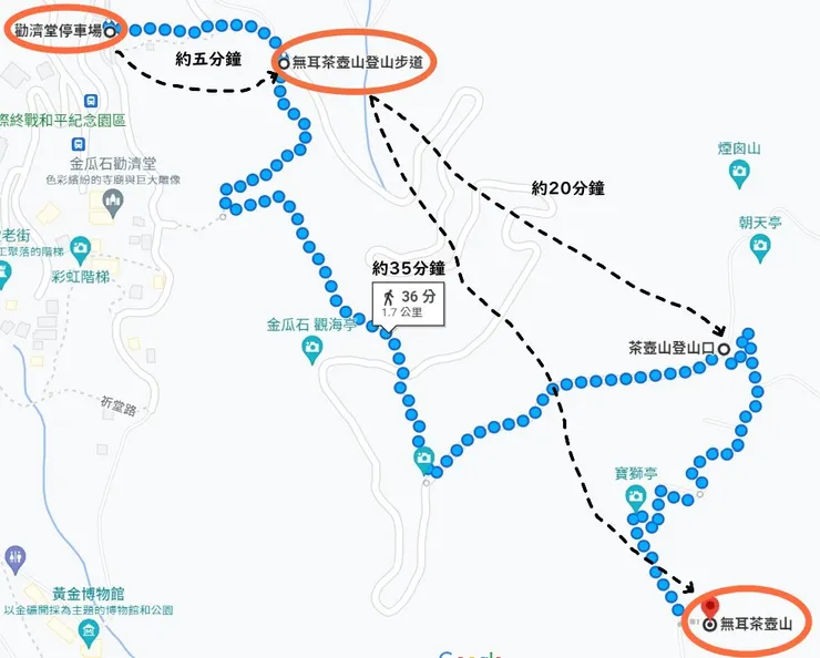 ▲做個簡單的路線圖，車子停在勸濟堂停車場後再走到茶壺山約1.7公里，大概抓40分鐘能抵達茶壺山。