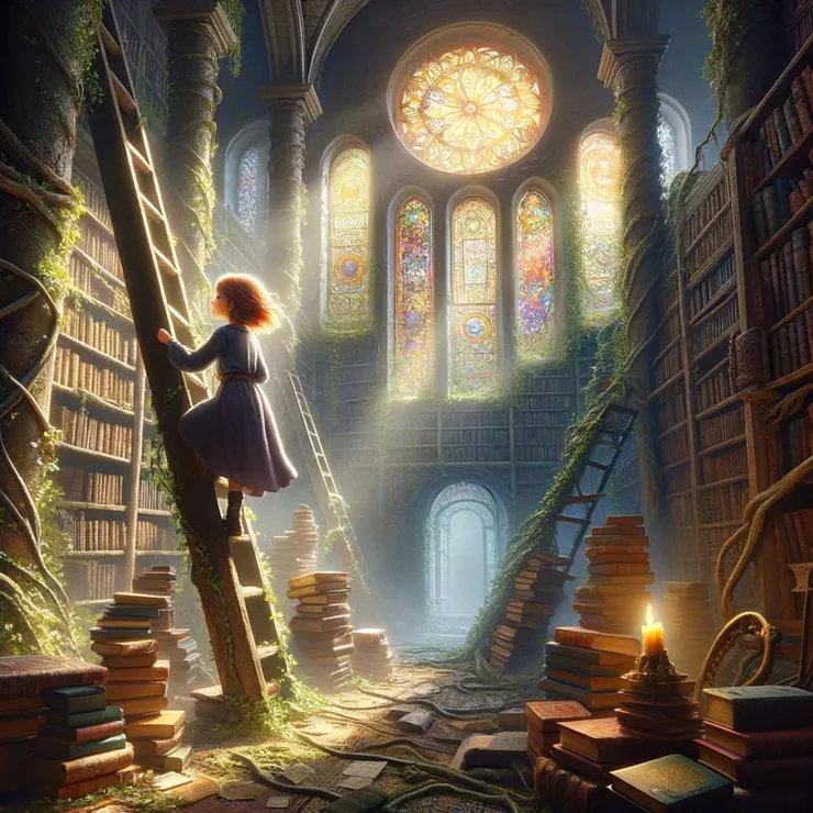 In an ancient, ivy-covered library, a young girl named Jane with inquisitive eyes is climbing a tall ladder to reach mystical books.