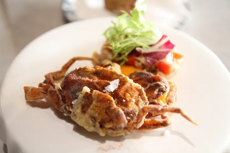 前菜：外酥內軟、層次豐富的酥炸軟殼蟹。