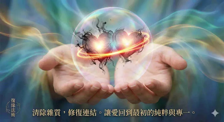 具象化感情能量修復過程：斬斷雜亂的負面連結，重新連結伴侶緣分線，並形成保護光罩的能量運作示意圖。