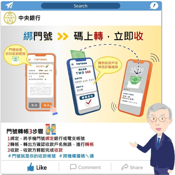 手機門號跨行轉帳服務。圖片來源：央行提供