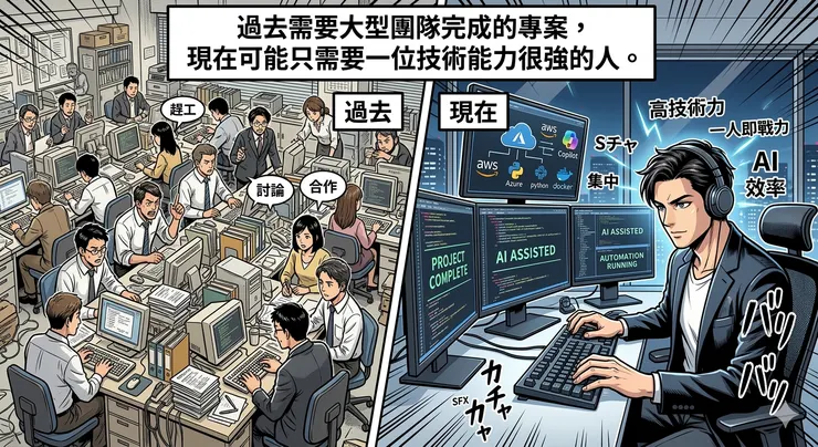 過去需要大型團隊完成的專案，現在可能只需要一位技術能力很強的人。