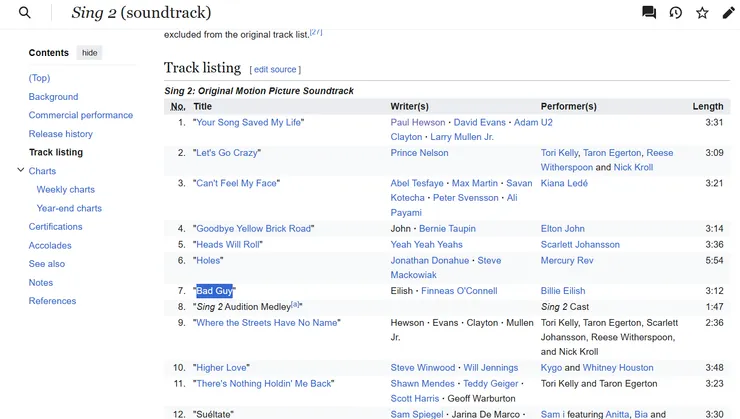 《Bad Guy》收錄於歡樂好聲音專輯的曲目7。維基連結:https://en.wikipedia.org/wiki/Sing_2_(soundtrack)