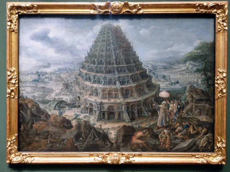 《巴別塔》Der Turmbau zu Babel Valckenborch, Marten van (I) (Leuven 1534-1612 Frankfurt am Main)： 17世紀初，巴別塔的描繪是阿爾卑斯山以北地區風景畫中最受歡迎、最受追捧的主題之一。聖經中關於建造巴別塔的故事（創11:1-9）蘊含著存在主義的向度，因為這座「直達天堂」的建築象徵著人類在與上帝較量中失敗。然而，這裡的焦點並非巴別塔的毀滅或人類的流散，而是人類集體努力完成一座超越一切人類尺度、宣稱與上帝平等的建築。瓦爾肯博赫的同時代人理解了這幅畫是對羅馬古鬥獸場的正式影射。這顯然也被解讀為對教廷的攻擊，因為教廷在巴比倫意義上已經墮落，並且確信上帝會給予公正的懲罰。－引自網路