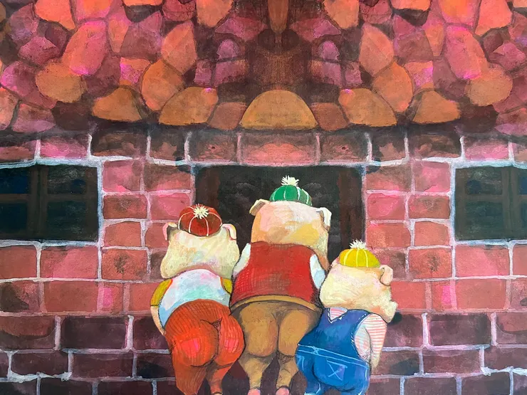 這個家後院有一隻大野狼，三隻小豬每天很認真餵食，把大野狼像寵物般照顧的很好