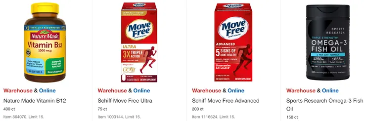 左起折扣後價格：維他命B12 $23.99、維骨力三倍加強錠 $19.99、維骨力關節加強補充劑 $22.99、Omega 3 魚油 $26.99。
