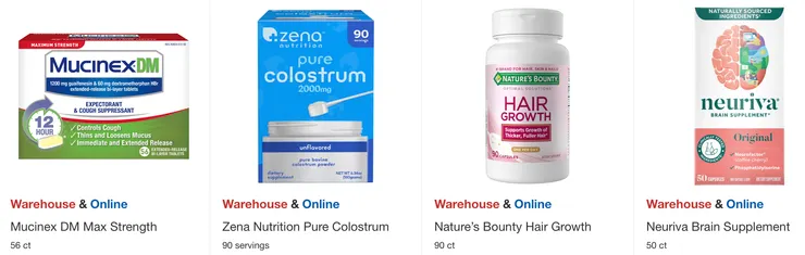 Mucinex DM加強咳嗽錠$27.49，Zena Nutrition 純初乳$32.99，Nature's Bounty生髮錠$36.99，Neuriva 腦部補充劑$35.99。