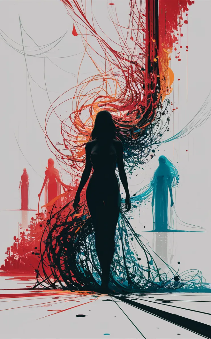 A mesmerizing minimalistic charcoal and pencil sketch captures the silhouette of a mysterious, possibly female figure. The subject stands amidst a chaotic web of interconnected lines and dots, transitioning from red to orange to blue, creating an ethereal atmosphere. The figure's motion and the trailing strands of the web add a sense of movement and dynamism. Faint outlines of other figures in the background enhance the complexity and interconnectedness of the scene. The stark white background accentuates the contrast between the figure and the intricate web, resulting in a striking visual impact. The artwork, masterfully executed with pencil and acrylic paint, adds depth and texture, challenging traditional portraiture and inviting viewers to question their perceptions of beauty, form, and the human experience. This captivating piece of conceptual art, with its cinematic appeal, transcends boundaries, conceptual art, illustration, cinematic, poster, painting, vibrant
