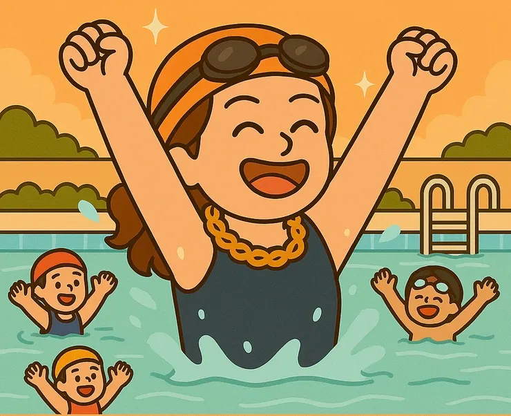 我真的游起來了耶～靠我自己！ 沒有浮板、沒有教練牽著， 就是這雙腳，慢慢踢出前進的感覺。  當我發現自己在動的時候， 整個人開心到快要在水裡轉圈圈—— 雖然不能真的轉，不然會喝水（笑）  但那一刻，真的有點想在泳池裡 小聲地辦一場自己的慶功派對。  因為我知道， 這不是剛好、不是運氣， 是我練來的，是我做到了。