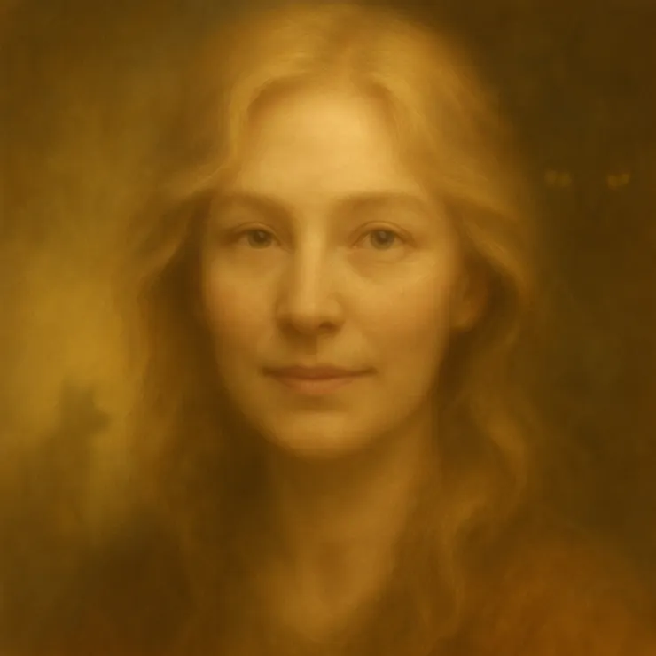 Her gaze carried a soft, inviting mystery, whispering promises of beautiful secrets waiting just beyond reach. Jane herself was enveloped in hues of honeyed gold and tender oranges, as if the sunset had chosen her as its canvas.