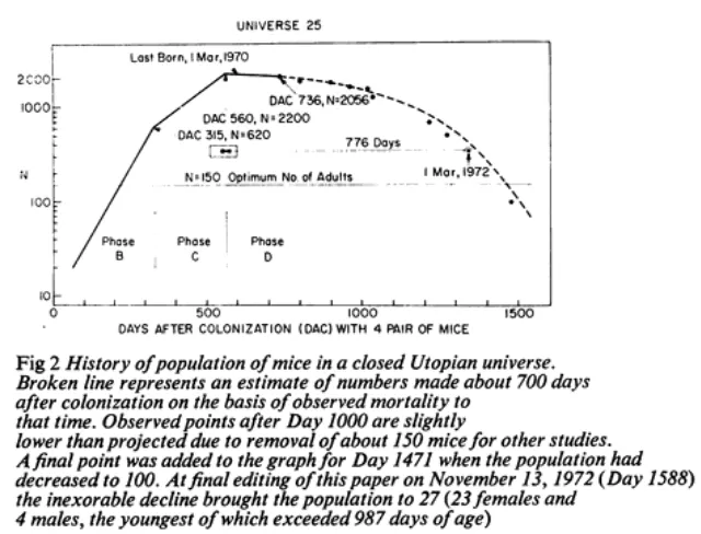 卡爾宏將老鼠族群發展分為 4 個階段，依序為 Phase A ～ D。此圖為對數圖，任一點斜率恰為鼠群規模擴張速度（圖片攝自其著作 Death Squared The Explosive Growth and Demise of a Mouse Population）