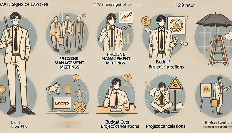 裁員可能徵兆資訊圖：頻繁會議、預算縮減、專案取消、工作量減少