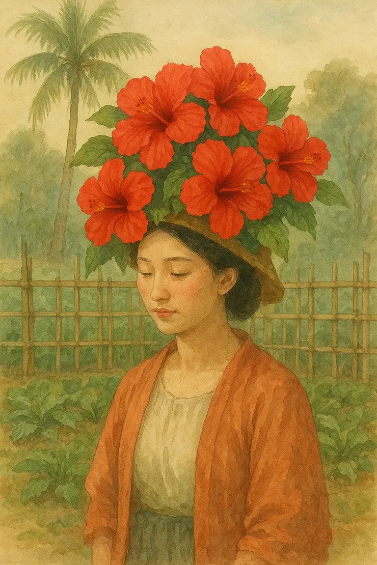 請AI繪圖示意 「多少遊春村婦女，一頭插滿大紅花」