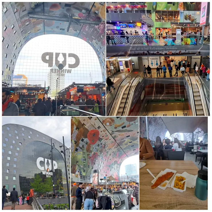 Markthal 大市場 ,當地海鮮熟食店晚餐..地下有超市, 攤位樓上有座位..跟一對來自坦尚尼亞女生共桌,她們來荷蘭工作,以為我也是當地上班族, 我吃炸鱈魚和海鮮燉飯稍甜..魚新鮮的現炸