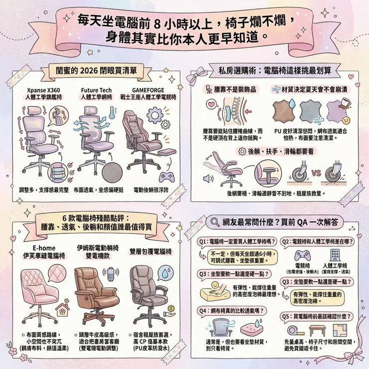 【電腦椅推薦】每天坐很久該換哪種？💺 Dcard/PTT 6 款人體工學、電競椅實比