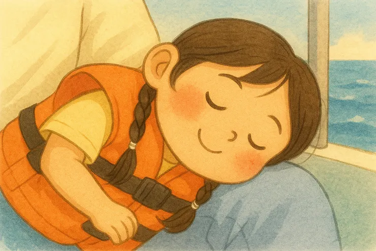 梨子姊姊靠在爸爸的大腿上瞇眼休息