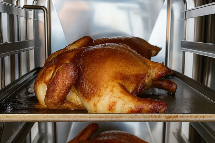 圖說：焦糖楓噴香火烤雞使用蒸烤箱精準熟成，配送到各門市後，會再經由遠紅外線烤爐炙烤，將雞汁精華鎖在其中。（資料來源：焦糖楓）