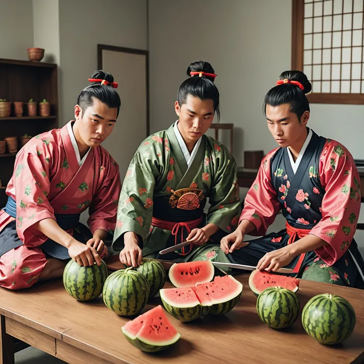 AI生成圖:穿著武士服的高中生在辦公室切西瓜