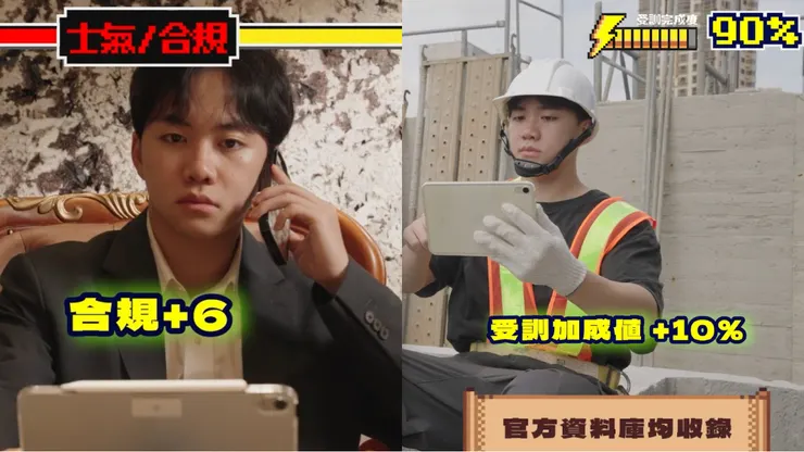 影片針對受眾痛點設計不同介面:勞工視角(左)強調裝備與血條,雇主視角(右)則呈現風險值與合規任務。透過行銷長程品恆的分眾策略,精準溝通不同族群。