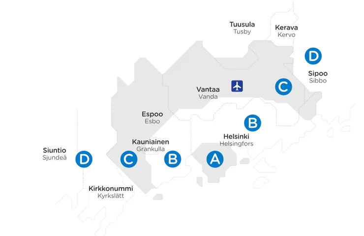 芬蘭首都圈的大眾運輸區分為ABCD四個地區，截圖至HSL網站。