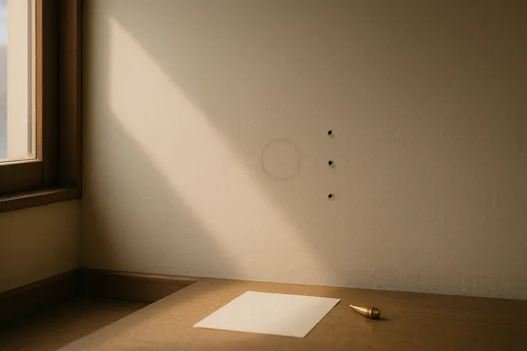 空屋的客廳；牆上三個釘洞成臉、窗邊一圈杯影灰。