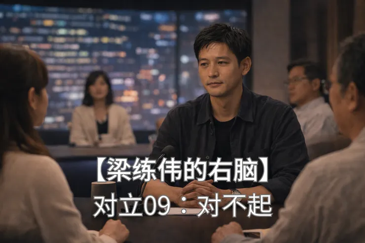 梁练伟坐在情感直播节目主位上平静说话