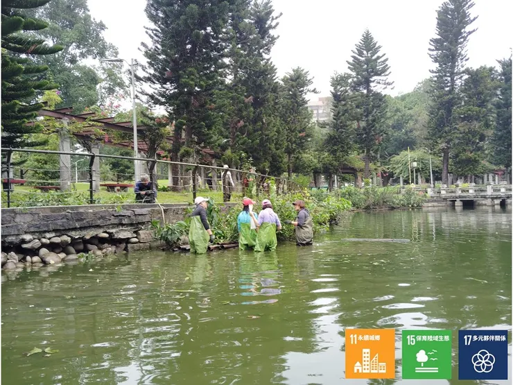 整理完第一期的浮島後,接續涉水前往第二期的 ....島群做維護