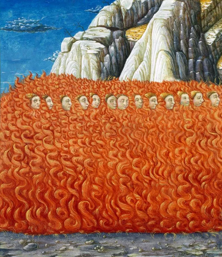 The Lustful in Flames. Dante, Divina Commedia, Purgatorio XXV - XXVI.  ▍Artist - Guglielmo Giraldi (生卒不詳，活躍於1445-1489，Italian Illuminator) @ Biblioteca Apostolica Vaticana, Urb.lat.365, fol. 171v