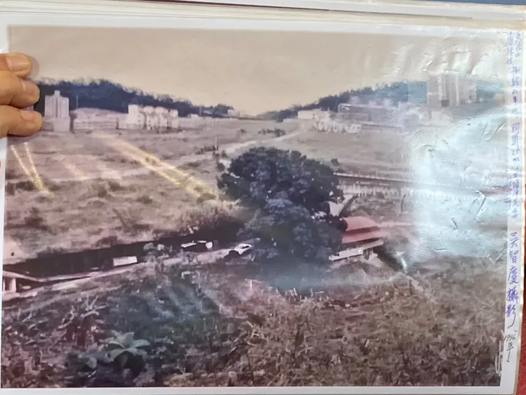 二期重劃區拆除時的樣貌。空拍圖中，可見到一片空地裡，昂揚的大樹與福德宮（吳智慶老師拍攝）