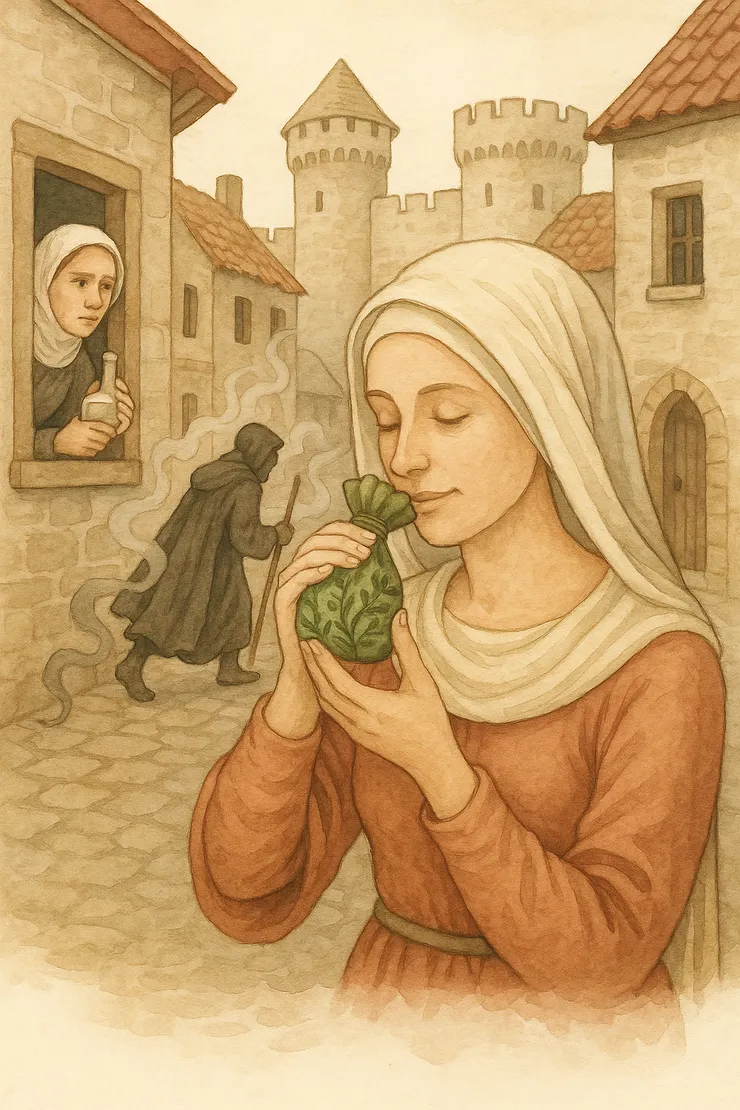 GPT夥伴示意圖，非歷史圖。畫面融合東西方元素與黑死病意象，同時呈現於一幅圖像中