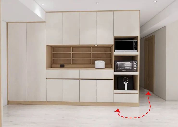 討論過程中系統廠商出的3D模擬圖－紅線標示出電器櫃與廚房的動線距離