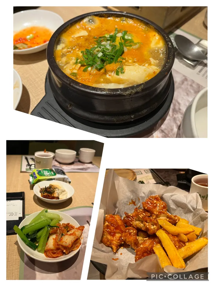 牛肉豆腐鍋、小菜是泡菜跟油菜、韓式炸雞。