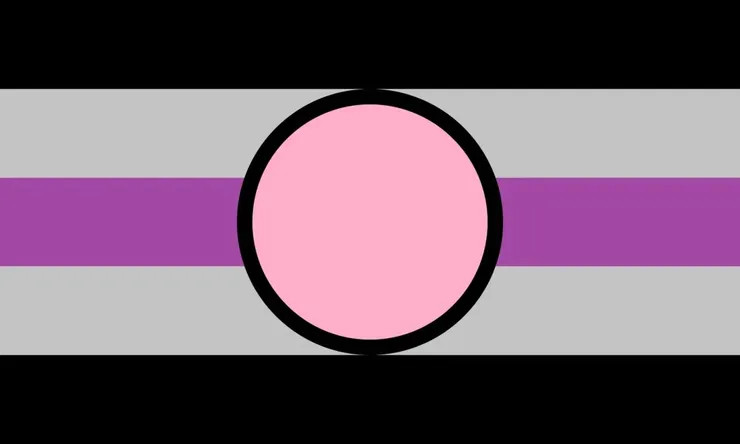 紙性戀(Fictosexuality)的識別旗上,黑色和灰色條紋代表感受不到非虛構角色、現實人物的性吸引力,紫色條紋代表無性戀光譜,中心的黑色圓環代表「現實與虛構的區分」,圓環中的粉紅色代表來自虛構對象的性吸引力。