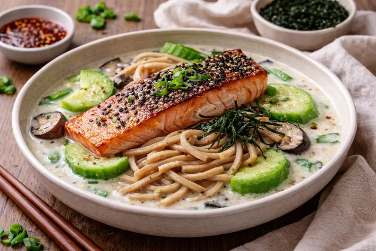 營養師推薦「絲瓜鮭魚好控豆漿麵」，鮭魚的優質油脂與無糖豆漿，搭配高蛋白機能麵，打造出兼具抗氧化與控醣功能的年節主食。（資料來源：日日好食）（AI輔助創作視覺）