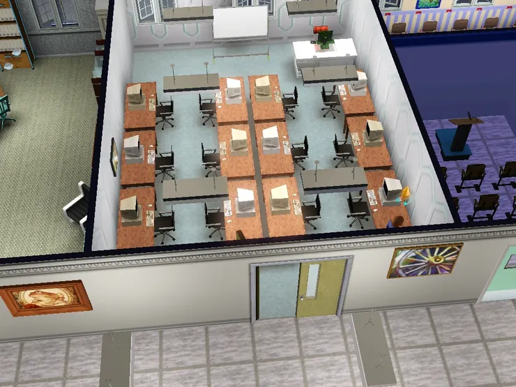 麥可辦公室旁也是一個大房間，從高處看似乎擺放了電腦。