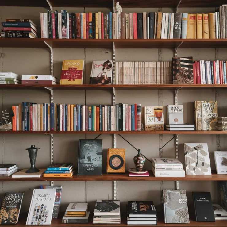 A photo of a wooden shelf filled with various books. There are books with different colors and sizes. There are also a few decorative items on the shelf, such as a vase and a small statue. The background is a wall with a few nails.