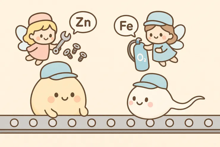 鋅和鐵就像工廠小幫手，讓卵子和精子的生產線不斷電、不中斷。