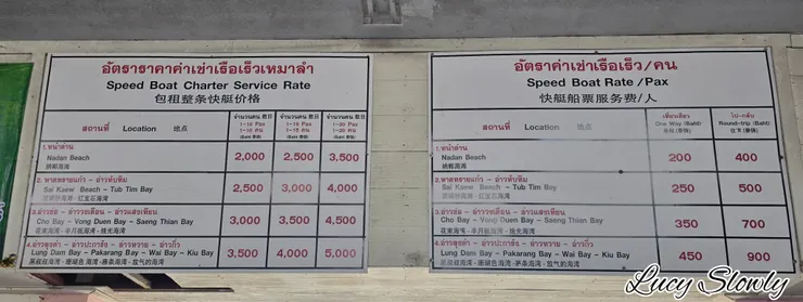 前往各地點的渡船票價