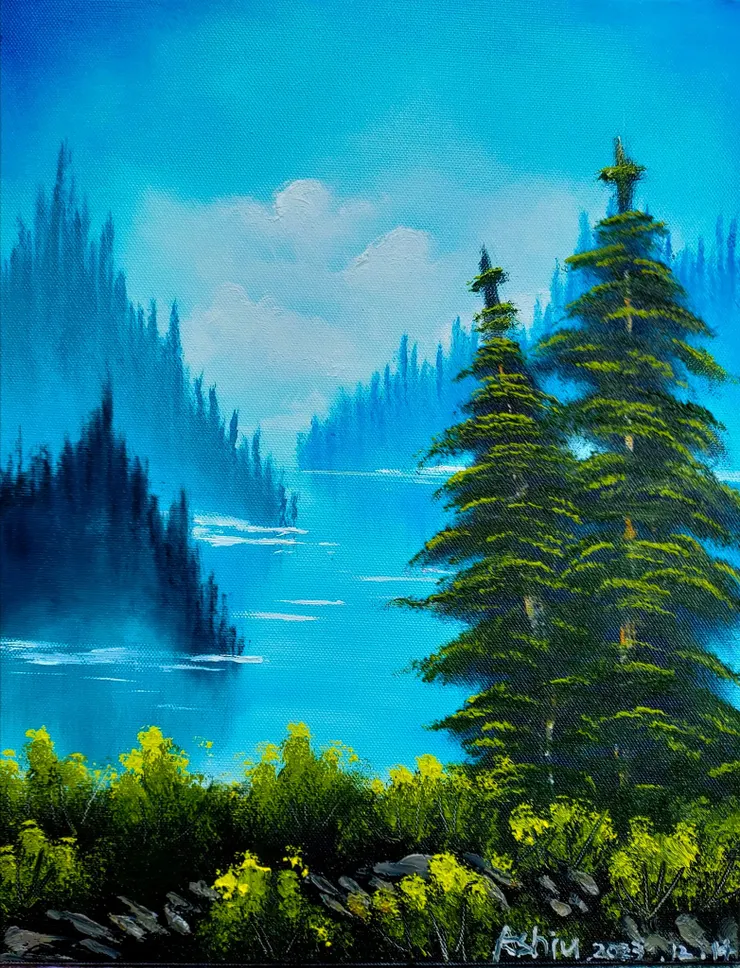 我的第一堂初階油畫課﹔【湖中山水】