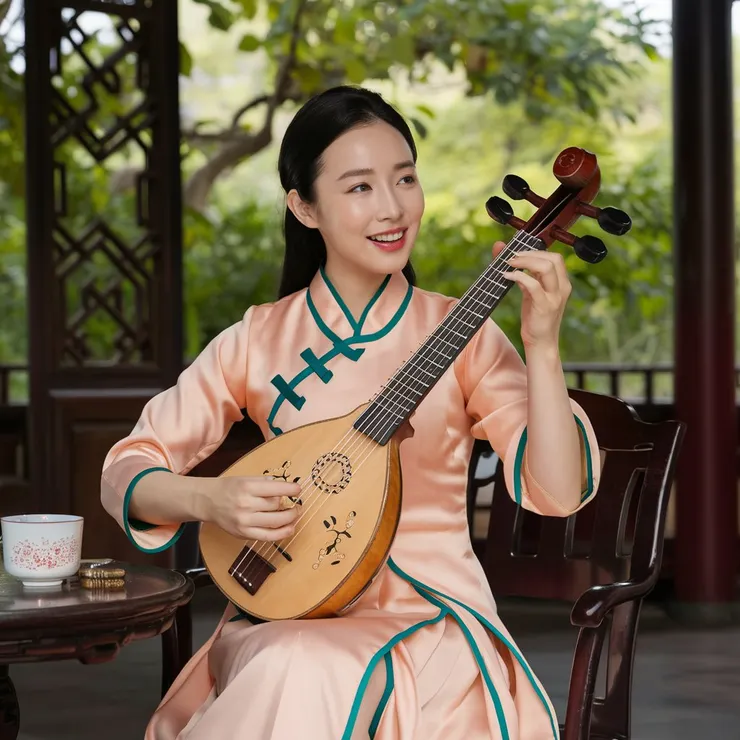 有韓國女性的感覺，琵琶怪異，比較像中東地區的曼陀林，手指有點怪異。