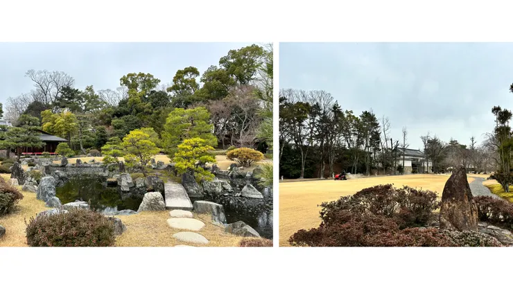 左：清流園西側的日式庭園。右：清流園東側的西式草地。 2024.02.29拍攝