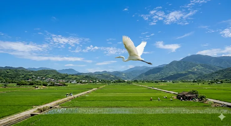 一隻白鷺鷥飛過稻田