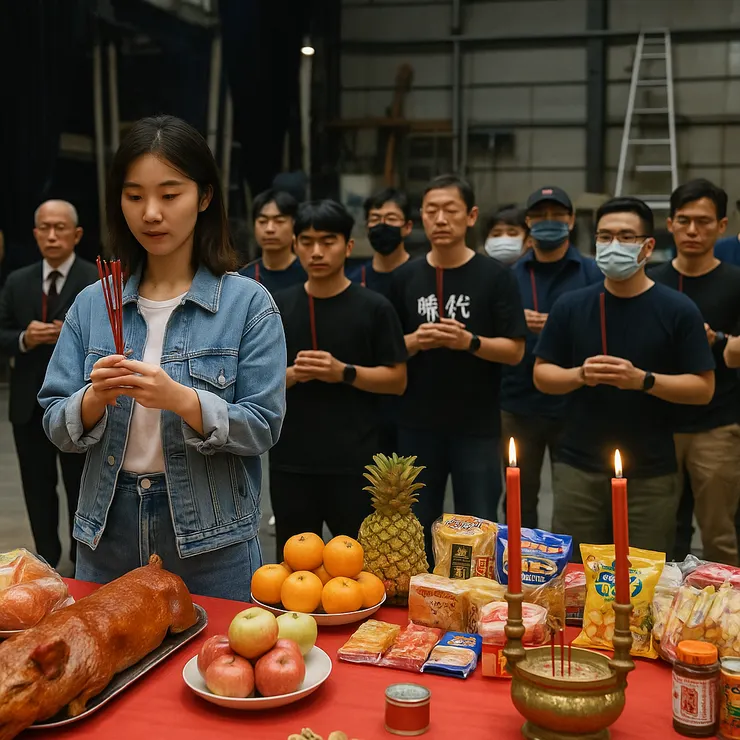 AI製圖，劇組灑淨拜拜的確跟這張照片很像，但不會有蠟燭、烤整隻豬、罐頭，哈哈哈