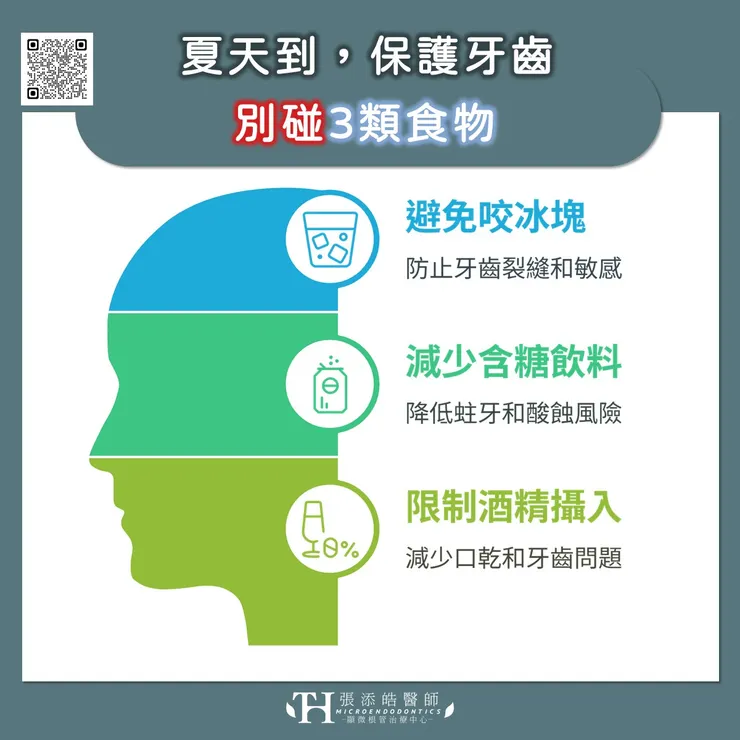 夏天到保護牙齒；別碰3類食物：冰塊、含糖的飲料、酒精飲品。讓你的牙齒遠離顯微根管治療
